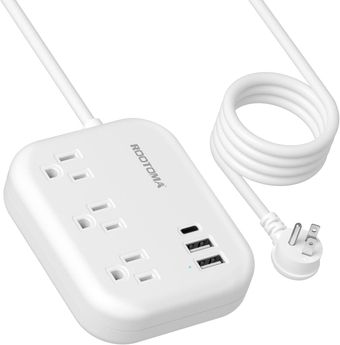 Power Strip with USB,  10ft Long Extension Cord with 3 Outlet and 3 USB, Flat Plug, Compact for Bedsied, Dorm, Home, Office, White