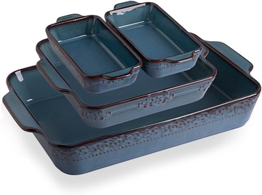 Casserole Dishes for Oven, Ceramic Bakeware Set of 4, Rectangular Baking Dish with Handles, Lasagna Pans for Cooking, Gratin, Roasting, Banquet and Daily Use (Kiln-Change Blue)