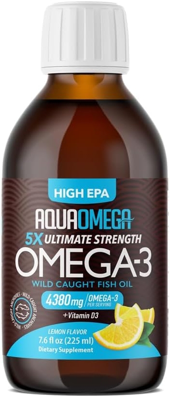 AquaOmega High EPA Omega-3 Liquid with DHA and Vitamin D - Wild Caught Omega 3 Fish Oil Supplements - 4380mg Omega 3 Fish Oil Burpless Formula - 7.60 Fl Oz Lemon