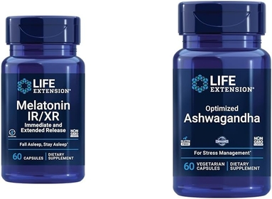 Melatonin IR/XR & Optimized Ashwagandha - Sleep, Stress Relief, Focus, Memory - 60 Capsules