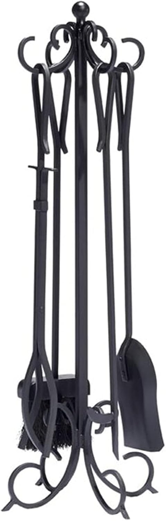 30In Black Sturdy Fireplace Tools Set 5 Piece Modern Indoors Outdoor Hearth Accessories Kit Heavy Duty Wrought Iron Floor Fire Place Toolset Includetongs Shovel Brush Poker