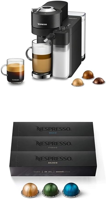 Vertuo Lattissima by De'Longhi, Black and Capsules VertuoLine, Medium and Dark Roast Coffee, Variety Pack, Stormio, Odacio, Melozio, 30 Count