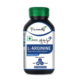 Farmity L-Arginine Plus Dietary Supplement Improves Energy & Stamina, Support Exercise Performance & Build Muscles 500 mg 60 Capsules