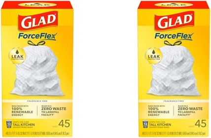 GLAD ForceFlex Tall Kitchen Drawstring Trash Bags, 13 Gallon White Trash Bag for Kitchen Trash Can, Unscented, 45 Count (Pack of 2)