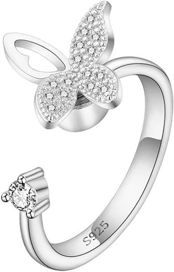 2023 New Rotating Ring Anxiety Contracted Temperament Fairy Butterfly Zircon Ring Opening Gifts for Girls Boys Rings Ages 8-12 (Silver, One Size)