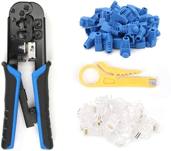 RJ45 Crimp Tool Kit Cat5 Cat5e Ethernet Crimping Tool, RJ-11, 8P/RJ-45 Crimp, Cut and Strip Tool with 20PCS Connectors, 20PCS Covers and Network Wire Stripper Crimp Tool