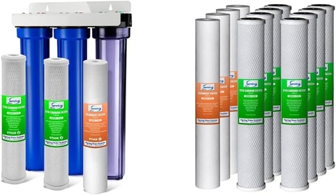 Whole House Water Filter System w/ 20” x 2.5” Sediment & Carbon Water Filters, Clear 1st Stage Filter Housing, Model: WCB32C & F12WCB32 20x2.5-in Replacement Cartridges