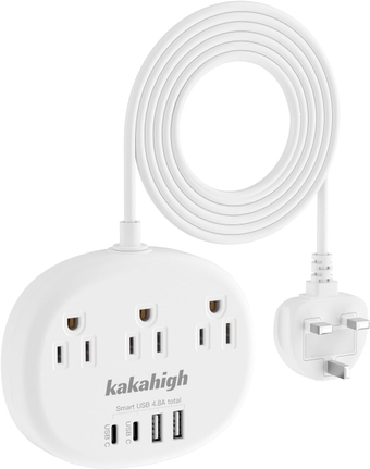 UK Travel Plug Adapter(13A), US to UK Plug Adapter with 3 Outlets 4 USB Ports (2 USB-C) Total Output 24W, Type G Travel Adapter and Outlet Converter for USA to British Ireland Scotland Hong Kong, 5FT