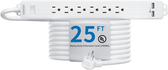 Extension Cord 25 ft, Power Strip Long Cord,  Heavy Duty Surge Protector Power Strip, 6 Outlet 2 USB,1875W / 15A Circuit Breaker, 1080 Joules, Wall Mount for Office Garage Kitchen Workbench