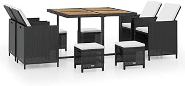 9 Piece Patio Dining Set - Outdoor Furniture Set with Poly Rattan Steel Frame | Acacia Wood Tabletop - Black and Cr...