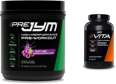 Pre JYM Grape Candy Pre Workout Powder with BCAAs and Vita JYM Sports Multivitamin with Vitamin A, C, B6, B12, E, K2 for Athletes - 30 Servings, 60 Tablets