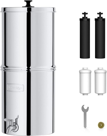 Gravity-fed Water Filter System with Black Carbon Filter and Fluoride Filter, 2.25-Gallon Stainless-Steel Filter System, Reduces up to 99% of Chlorine & Bad Taste-King Tank Series