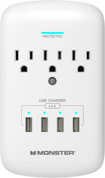 Wall Tap Plug 3-Outlet Extender with Outlet Surge Protector for Home, Travel, Office, Home Appliances, Computers, and Smart Phone Devices - 4 USB Ports, 300J, and ETL Listed