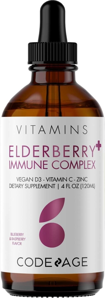 Black Elderberry Syrup, Vitamin C, Vitamin D, Zinc, Black Currant - Black Sambucus Liquid Drops Supplement for Kids & Adults – Elderberries Juice - Flavonoid, Vegan – 2-Month Supply – 4 fl oz