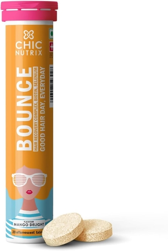 Chic.nut.Rix Bounce - Biotin with Selenium and Amino Acids - Hair Fall & Hair Growth Management – Thick Hair - Frizz Hair- Hair Fall Control Supplement - 20 Mango Flavoured Effervescent Tablet