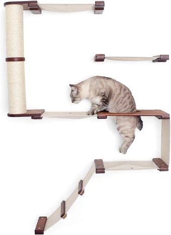 Deluxe Cat Fort Wall Mounted Lounge, Climb and Play Furniture Cat Tree Shelves, English Chestnut Bamboo/Natural Canvas, one Size