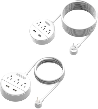 Flat Plug Power Strip Bundle, 2 Outlets 3 USB Compact Power Strip with 10ft and 15 ft Extra Long Extension Cord, Right Angle Plug for Office, Home, Nightstand, Dorm Essentials