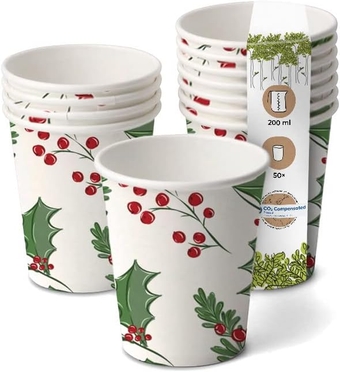 Paper Cups Single-Walled 8 oz Winter Edition 1 Hot & Cold Drink Cups Coffee Cup without Handle I Christmas Cups Cardboard I Recyclable Cups for Mulled Wine I Tea Cup to Go 200 ml Pack of 50