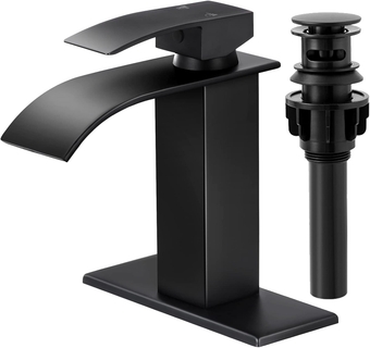 Waterfall Bathroom Faucet, Single Handle Bathroom Faucets for 1 or 3 Hole Bathroom Sink Faucet Washbasin Faucet RV Vanity Faucet with Deck Plate, Pop-up Drain and Supply Hoses Matte Black