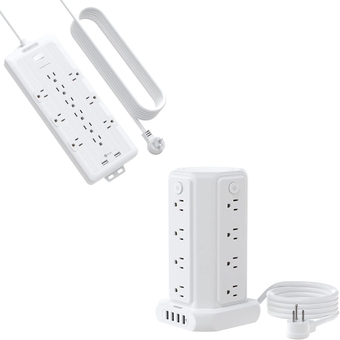 10FT Power Strip Tower and 25 ft Extension Cord Flat Plug Power Strip with USB Bundle, 16 Widely Spaced AC Outlets 4 USB Ports, ETL Listed, Desktop Charging Station Wall Mount for Home Office,White