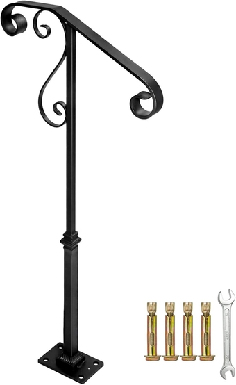 Handrail Railing, Single Post Handrail, Sturdy Outdoor Handrails with Base, Wrought Iron Stair Handrail Fits 1 or 2 Steps, Grab Rail for Steps Porch, Black