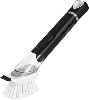 Dish Brush with Soap Dispenser, Kitchen Dish Scrubber Brush with Handle,Dishwashing Cleaning Scrubbers for Dishes/Pans/Pots, Black, 1P