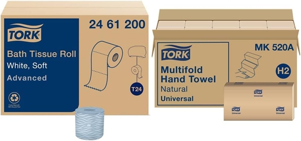Toilet Paper Roll White T24, Advanced (2-Ply) and  Multifold Hand Towel Natural H2, Universal (1-Ply)