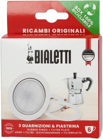 Spare Parts, Includes 3 Gaskets and 1 Plate, Compatible with Moka Express, Fiammetta, Break, Happy, Dama, Moka Timer and Rainbow (6 Cups)