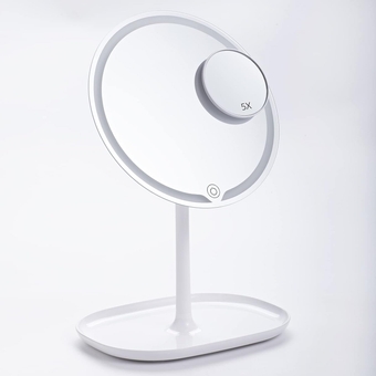 Make Up Mirror with Lights,1X/5X Magnifying Vanity Mirror with 58 LED Lights,3 Lighting Modes,Brightness Adjustable & Rechargeable Personal Compact Travel Makeup Mirrors,Square Tray Base,Pearl White