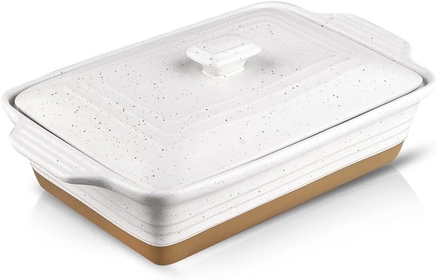 Ceramic Casserole Dish with Lid Oven Safe, 9x13 Casserole Dish, Covered Rectangular Casserole Dish Set, 3.5 Quart Large Casserole Dish, Baking Dishes for Casseroles, Farmhouse Style (White)