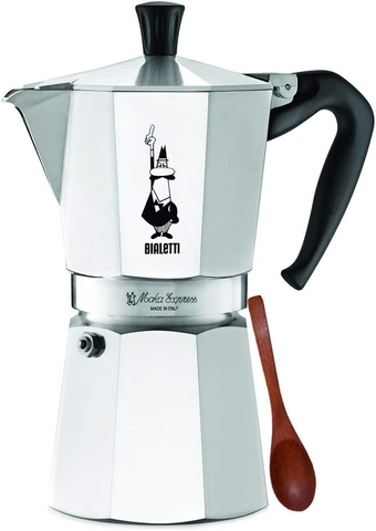 Original  9-Espresso Cup Moka Express | Espresso Maker Machine and Zonoz Wooden Small Espresso Stirring Spoon Bundle (9-cup, 18.5 fl oz, 550 ml)
