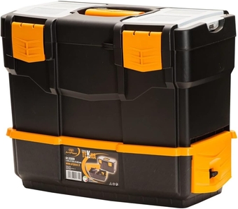 Tool Box with Wheels, 2-Tier Stackable Lockable Toolbox, Portable Tool Storage Organizer for Garage, Workshop, Garden, 16.5"L x 8.7"W x 13.4"H—Black/Yellow