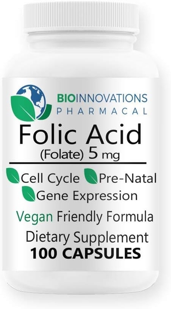 Folic Acid Folate 5mg (B9) Prenatal, Reproductive Health, Homocysteine, Metabolism, Cardiovascular, Bone, Immune Support, Allergen Free, Non GMO - 100 Vegan Capsules