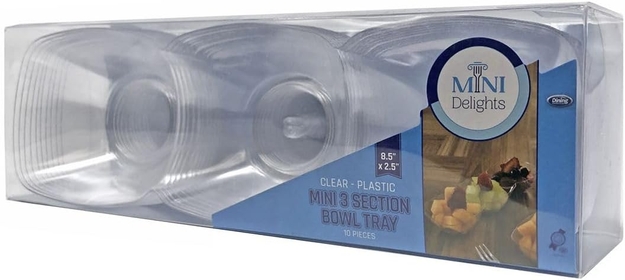 Mini Delights 10 PC Clear Plastic 8.5 X 2.5 Inch Mini 3 Section Bowl Tray | Lightweight, Stackable and Reusable (24 Sets X 10 PC)