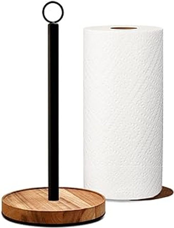 Paper Towel Holder Countertop,Solid Acacia Wood with Thick Metal Base,Black Paper Towel Holder for Farmhouse Kitch...