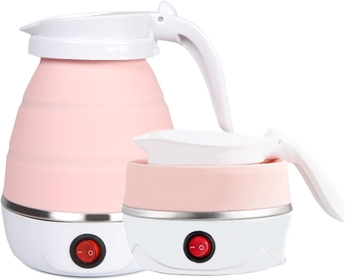 Travel Kettle Electric Small Foldable Portable Kettle,Silicone Collapsible Heating Water Boiler Tea Pot for Camping,Easy for Storage with Separable Power Cord (Pink)