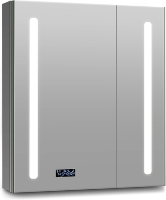 LED Medicine Cabinet Mirror for Bathroom, Lighted Medicine Cabinet with Clock, Lighted Medicine Cabinets for Bathroom with Mirror, 24"×26"×5", Defog, Adjustable Light, Big Left Door