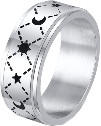 Wedding Bands for Her and Him Silver, Women Men Rings Stainless Steel 8MM Sun Moon Star Spinner Ring for Anxiety Custom Engrave Ring Personalized Jewelry Comfort Fit