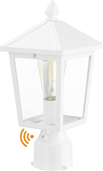 Modern Outdoor Porch Post Light, Outdoor Pole Light Fixture with Dusk to Dawn Photocell Sensor and Clear Glass, White Finish, 20076PS-PC WH