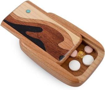 American Made Pocket-Sized Pill Box (Thin Size) - Cherry Wood with Inlaid Wave Design