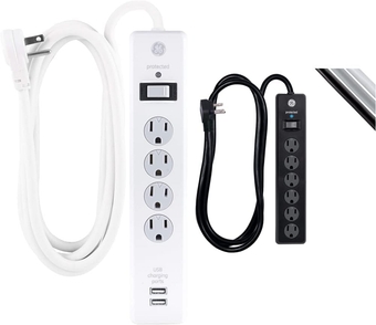 Surge Protector, 4 Outlets 2 USB Ports, Extra Long 8ft. Power Cord, White, 25798 &  6-Outlet Surge Protector, 6 Ft Extension Cord, Power Strip, 800 Joules, Flat Plug,Black, 33661