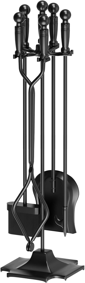 5 PCS Fireplace Tools Set Wrought Iron Fire Place Accessories Tools Holder with Handles Tools for Indoor Fireplace Decor Outdoor Fire Pit Modern Tool Poker Tongs Shovel Brush Wood Stove Hearth Black