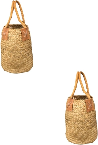 2pcs Planter Pots for Indoor Plants Hanging Planters Wicker Hamper Baskets for Gifts Belly Pot Planter Straw Small Tote Purse Round Vase Woven Flower Pot Grass Flower Wooden Rattan