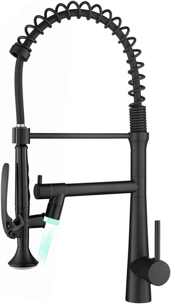 Black Kitchen Faucet with Sprayer - Commercial Faucet Kitchen Single Handle Spring Pull Down Kitchen Sink Faucet with LED Light,Matte Black