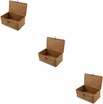 3pcs food storage organizer rectangular woven basket woven seagrass storage trunk large basket wicker baskets with handle seagrass woven baskets footstool make up seaweed baby