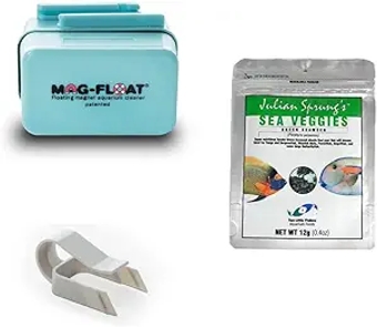 -35 Small Acrylic Aquarium Cleaner, Feeding Clip & Sea Veggies Bundle (3 Items)