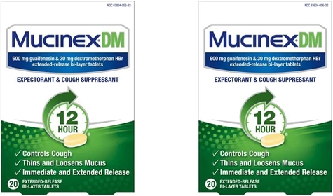 Cough Suppressant and Expectorant,  DM 12 Hr Relief Tablets, 20ct, 600 mg Guaifenesin, 30 mg Dextromethorphan HBr, Controls Cough and Thins & Loosens Mucus That Causes Cough & Chest (Pack of 2)