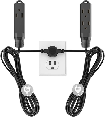 Twin Extension Cord Power Strip, 12 FT Flat Plug Extension Cord (6 FT Each Side) with 6 Outlet, 16 AWG 3 Prong Grounded Plug, Outlet Extender for Home and Office Use - Black