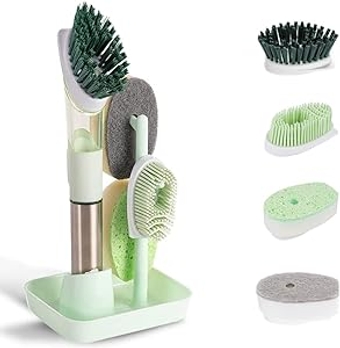 Dish Cleaning Brush, Soap Dispenser Kitchen Dish Scrub Brush with Replaceable PP Head Dish Cleaning Brush with Stainless Steel Handle, Dishes Kitchen Scrub Brush for Dish Pot Pan Sink Cleaning (Green)