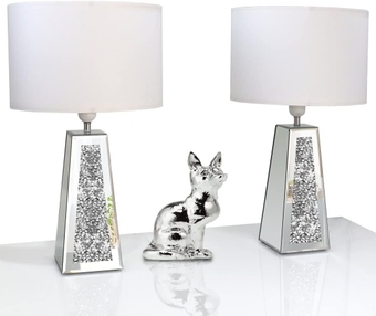 Silver Mirror Crushed Diamond LED Table Lamp, Four Prism Shaped Crystal Diamond Mirrored Base,White Round Linen Shade, 20.7" Height for Living Room Bedroom Office, Modern Art Decor,Set of 2